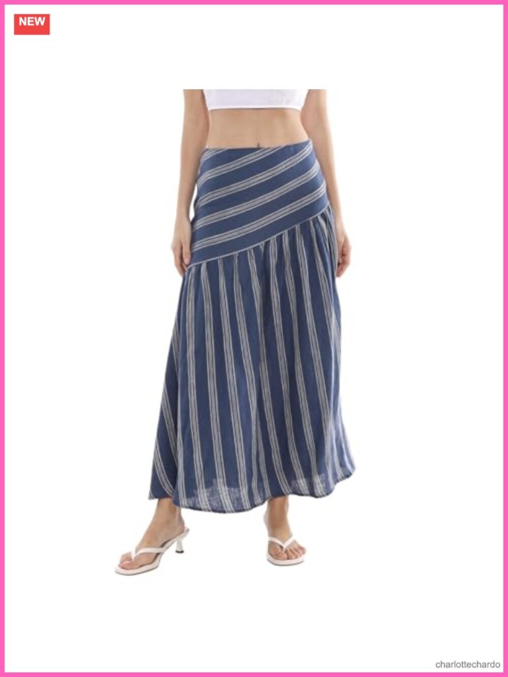 100% Linen High Waist A-Line Midi Skirt with Striped Pattern and Elastic Waist